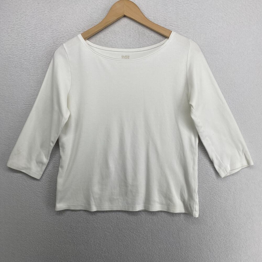 EILEEN FISHER Top S 100% Cotton Interlock Jersey Boat Neck 3/4 Sleeve White